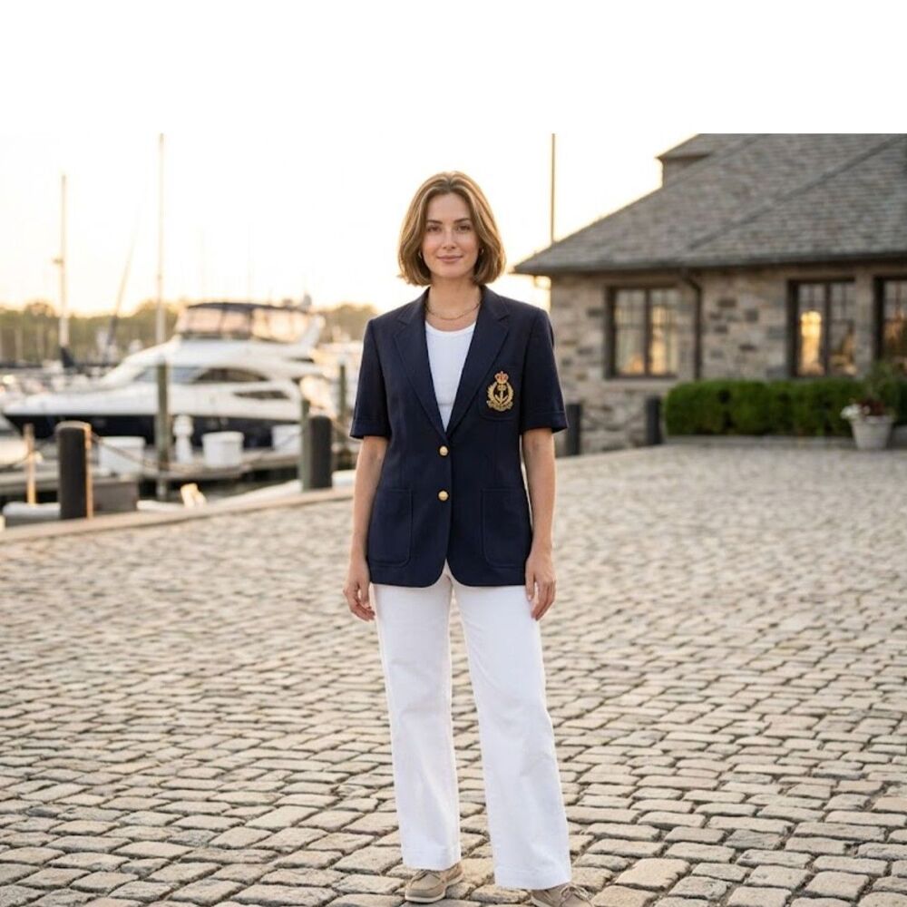 Vintage Chaus Navy Blue Blazer Jacket Crest Anchor Ramie Cotton Sz L Short Sleev